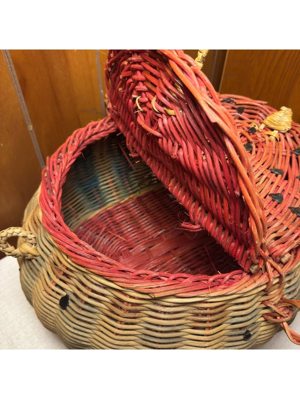 Vintage Watermelon Wicker Picnic Basket Split Lid Summer Kitchen Decor